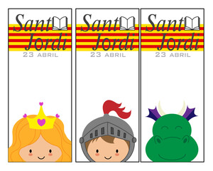 Sant Jordi traditional festival of Catalonia Spain. Three bookmarks with a dragon, a princess and a knight