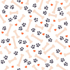 Seamless pattern design with  dog paw traces, bone silhouettes and heart shapes isolated on white background. Vector flat cartoon illustration. For packaging, wrapping paper etc.