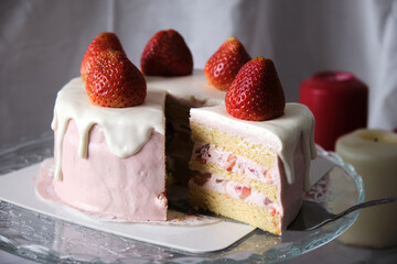 Strawberry chiffon cake with fresh cream. Cake for celebration.