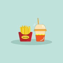 French Fries in red box and Drink Fast Food.Vector Illustration for Menu ,poster,  brochure, web,flyer and Advertisement Design.Light Blue Background