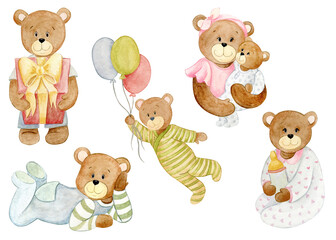 watercolor set with funny teddy bears