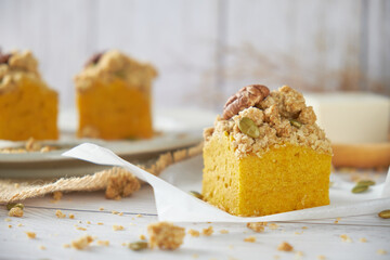 Pumpkin Cube pound cake set on cafe table.
