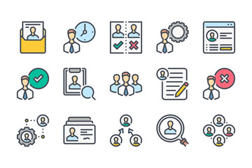 Human resources and recruitment color line icon set. Head hunting and career linear icons. Customer service and HR colorful outline vector sign collection.
