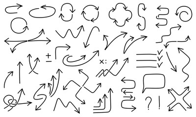 Arrows hand drawn big set. Vector doodle illustrations isolated on white background for education, business diagrams, navigation, pictograms.