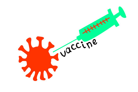 The Vaccination Symbol. A Medical Syringe Injects The Vaccine Into A Molecule Of The Virus, The Coronavirus. Vector Illustration In Flat Style