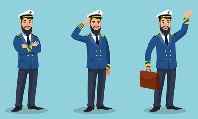 Captain of the ship in different poses. Male person in cartoon style.