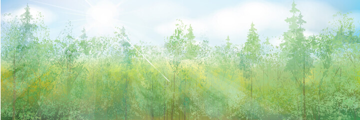 Vector green forest in sunshine. Summer nature forest background.
