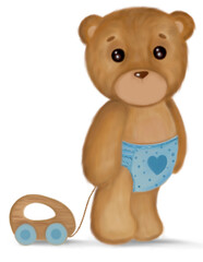 A baby bear in a diaper, with a wooden toy on a rope. A teddy bear in a diaper. Baby in a diaper.