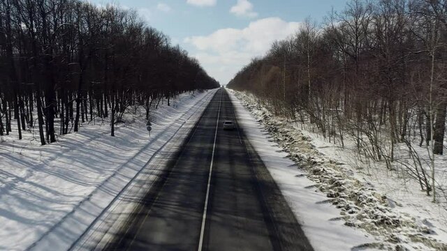 One gray sedan car driving alone, travel on straight asphalt road freeway through dense naked forest corridor at winter sunny day. Aerial drone top down wide view.