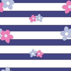 Navy and white stripe background floral vector illustration seamless repeat pattern design.