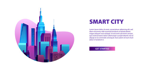 Concept of smart city illustration with modern pop colorful big city urban building skyscraper with gradient color