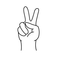 Hand gesture V sign for victory or peace. Line vector human hand gesture two fingers.