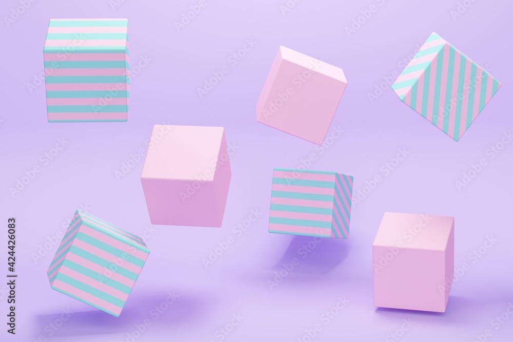 Poster lilac abstract background with striped flying cubes. 3d rendering
