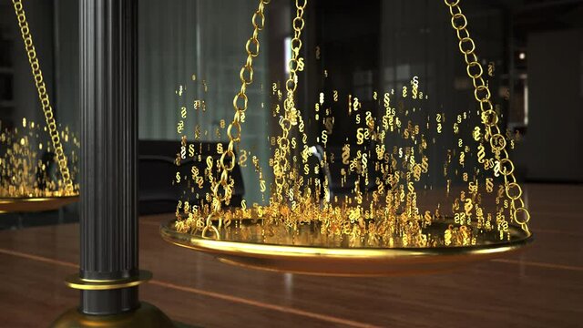 3D render of paragraphs ascending from scales on conference table