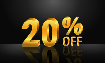 20% off 3d gold on dark black background, Special Offer 20% off, Sales Up to 20 Percent, big deals, perfect for flyers, banners, advertisements, stickers, offer icons, etc.