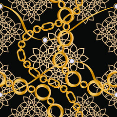 Nahtloses Muster verziert mit Edelsteinen, Goldketten und Perlen.