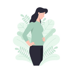 Happy pregnant woman holds her belly. Decorated beautiful leaves. Decorated beautiful leaves.Vector illustration.