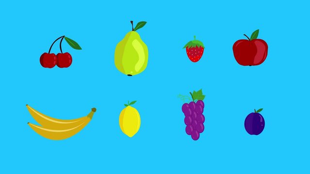 group of fruits animation, blue screen, removable background, chroma key, flat cartoon design
