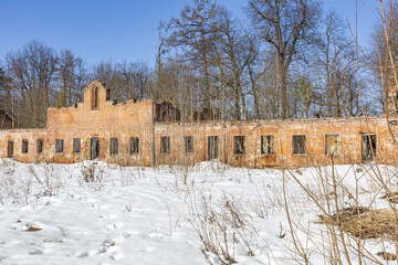 Abandoned historic stone building of the Equestrian Yard of the Manor. Cultural heritage of Russia....