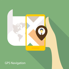 Mobile GPS navigation and tracking concept. hand holding smartphone with World map path and location mark on the screen