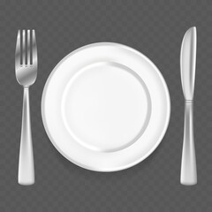 Realistic plate with fork and knife, restaurant sign vector illustration in transparent background