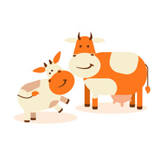 A cow with a calf on a white isolated background. Vector flat illustration