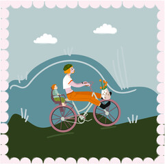 A modern flat illustration of active family vacation. Mother rides the bike with her child who sits in child sit. 