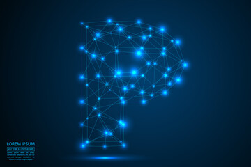 Abstract letters font is made up of triangles, lines, dots and connections. On a dark blue background, stars of the cosmic universe, meteorites, galaxies. Vector illustration eps 10.