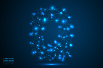 Abstract letters font is made up of triangles, lines, dots and connections. On a dark blue background, stars of the cosmic universe, meteorites, galaxies. Vector illustration eps 10.