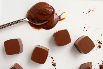 Chocolate candies with ganash on the white plate