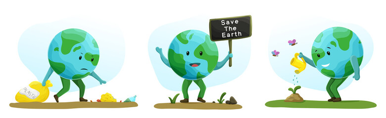 Collection of cute cartoon Earth. Save and protect planet. Concept of environmental protection and nature care. Design for greeting card, invitation, postcard, poster or print. Vector illustration.