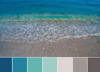 Color palette swatches of seascape of turquoise green dark blue sea water and brown beige sand....