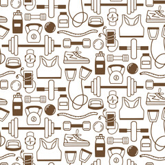 Seamless pattern with sports equipment. Activity and healthy lifestyle. Fitness, gym, bodybuilding, workout concept. Design for print, packaging, wallpaper, textil. Flat vector illustration.