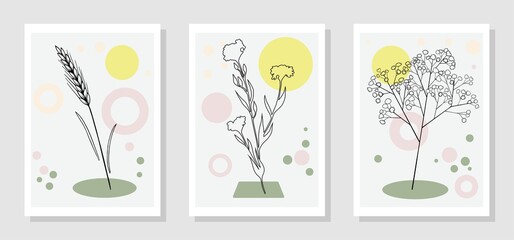 Botanical wall art vector set hand drawn plants with abstract shape