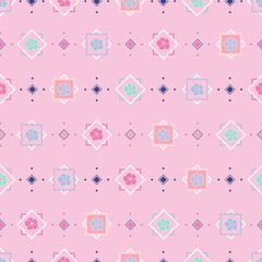 Floral geometric abstract diamond and squares vector illustration on pink background repeat seamless pattern design.