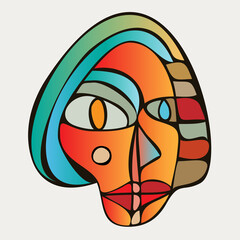 Abstract design of surreal face portrait. Hand-drawn face with a hint of cubism in funky colors. Concept art can be used for fashion, beauty treatment, health, and mental wellbeing.