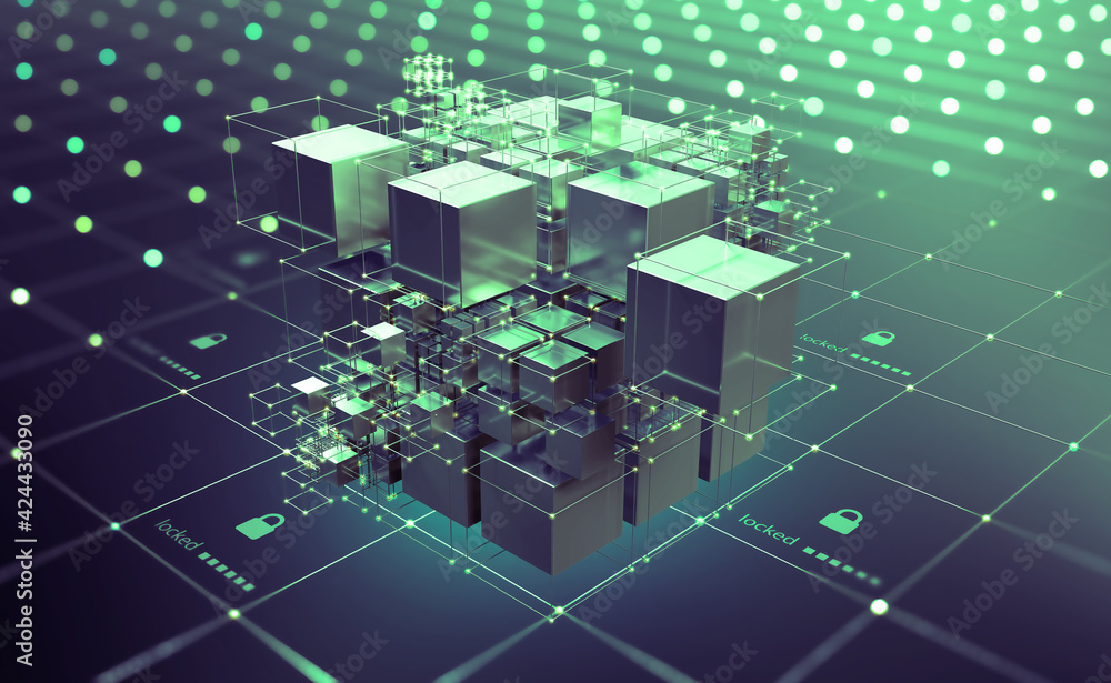 Aufkleber Blockchain, big data, data processing, cloud database. Virtuality and AI. Information blocks, digital, financial, internet technologies. 3D illustration of decentralized blocks in one cluster