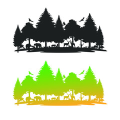 Landmark Mountain with Trees Animal Scene. Vector Illustration Woodland Fauna Silhouette Vector.