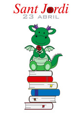 Sant Jordi traditional festival of Catalonia Spain. Dragon with a rose sitting on top of books. isolated vector