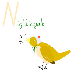 Educational Cartoon Vector Illustration Hand drawn English letter N. Alphabet with nightingle. Animal Character for children design.
