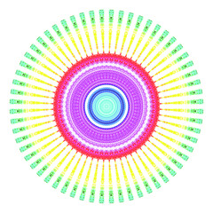 Creative multicolored points round symbol. Abstract symmetrical logo. Mosaic colorful beautiful beads. Circle dots modern pixel floral art icon. Colored pattern ornament wheel decorative illustration.