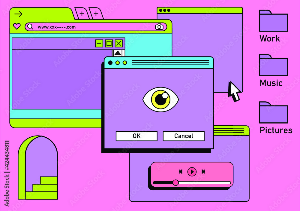 Poster Retro vaporwave desktop with message boxes and user interface elements. A conceptual illustration of website and application programming.