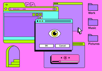 Retro vaporwave desktop with message boxes and user interface elements. A conceptual illustration of website and application programming.