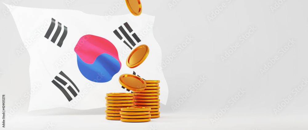 Poster 3d render of golden coins and korea flag. shopping online and e-commerce on web business concept. se