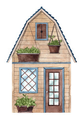 Countryside rancho with potted plants. Sweet home watercolor illustration. Tiny house wooden facade