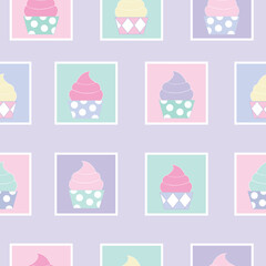 Colorful cupcake squares vector illustration on lilac background repeat seamless pattern design.