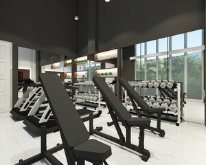 Interior of fitness center. Modern gym room design with display cabinet, treadmill and other equipment.