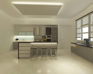 Modern Kitchen Cabinet Design with minimalist island bar table. Using drop ceiling with indirect lighting interior. 3d rendering, 3d illustration.