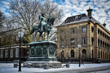 Noordeinde, the hague, the netherlands, holland. Equestrian statue, William of Orange, Father of the Netherlands, in the Dutch winter landscape. Holland, Europe