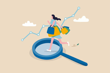 Customer insight, information from analyze consumer behaviors or journey, optimizing customer experience concept, happy woman consumer holding full of shopping bags on analysis magnifying glass.